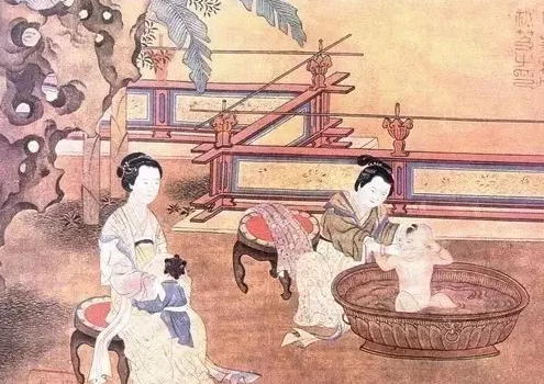插簪钗、穿襦裙、披帛的妇女（宋人《妃子浴儿图》）